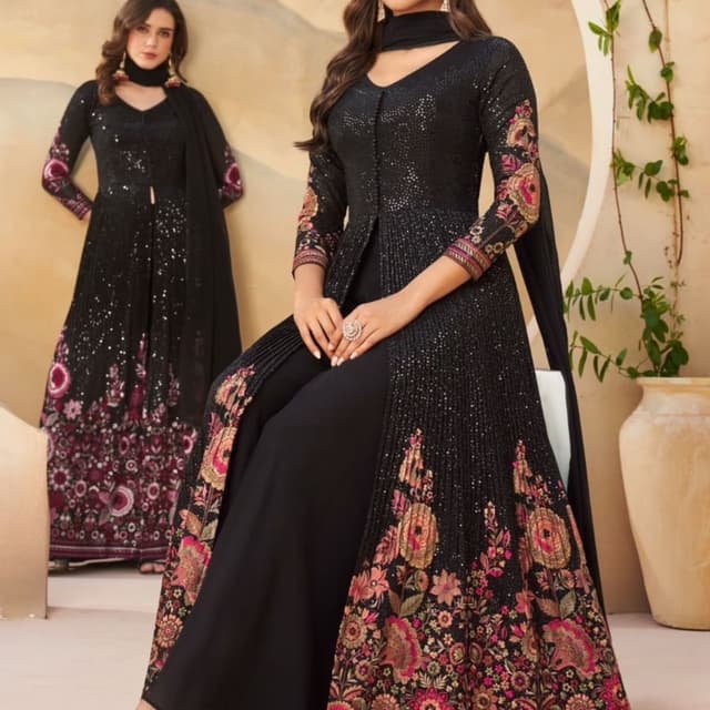 Black with floral embroidery in shades of pink, gold, and green Anarkali Suit