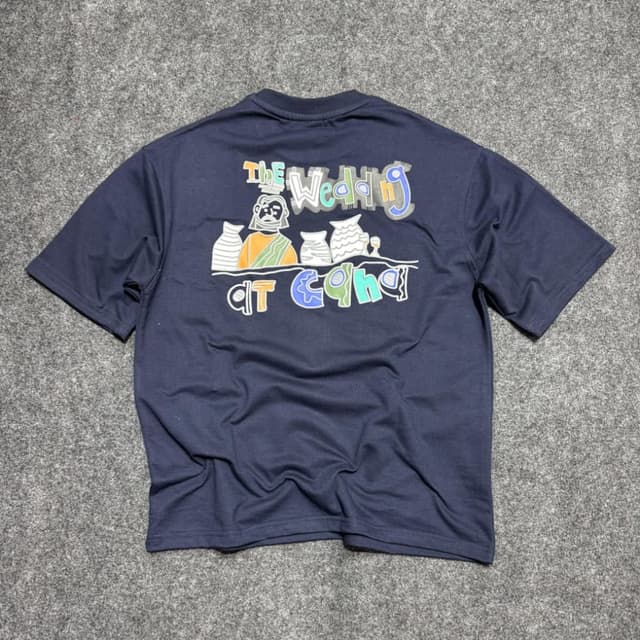 Navy Blue, with a multi-colored graphic print T-shirt