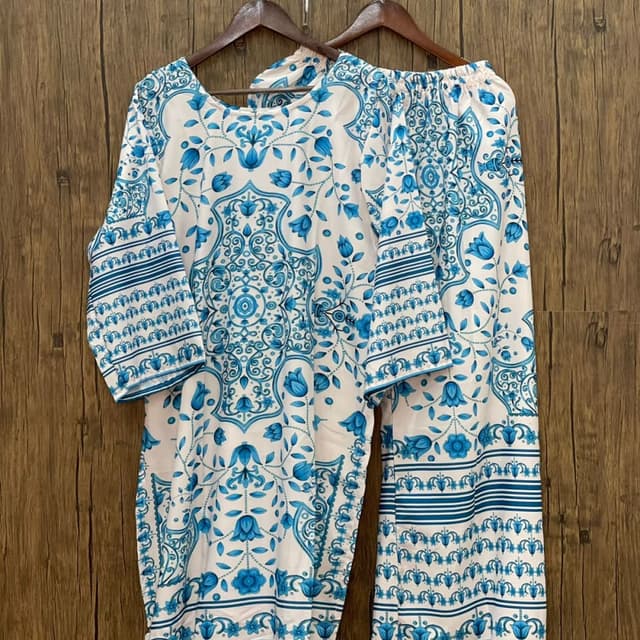 White and Blue Kurta and Trousers set