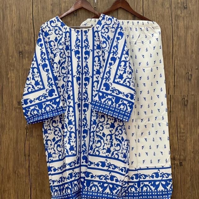 White and Blue Kurta and Pants Set