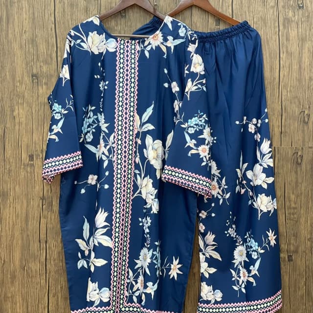 Navy Blue, White, Pink, and Green Kurta and Palazzo Set