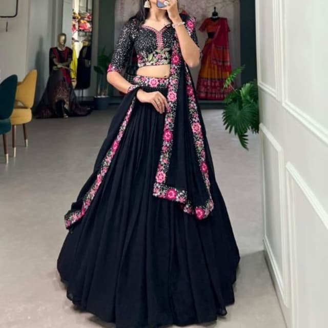 Black, Pink, Green, and Silver Lehenga Choli