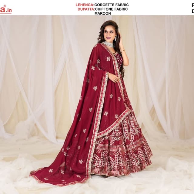 Maroon, Gold, and Off-White Lehenga Choli