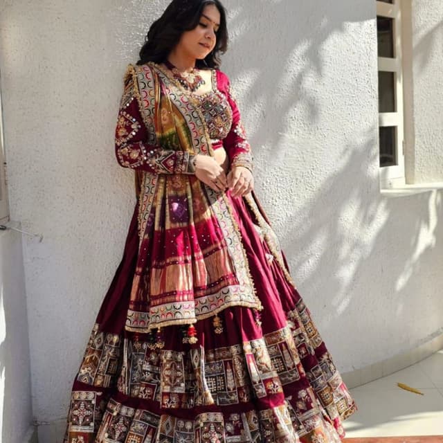 Maroon, Gold, and Multi-color accents Lehenga Choli