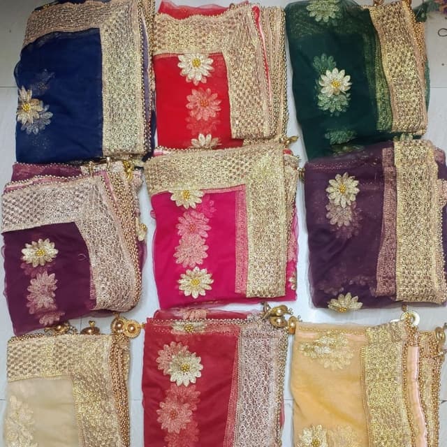 Various, including Blue, Red, Green, Maroon, Pink, and Beige with gold accents. Duppattas