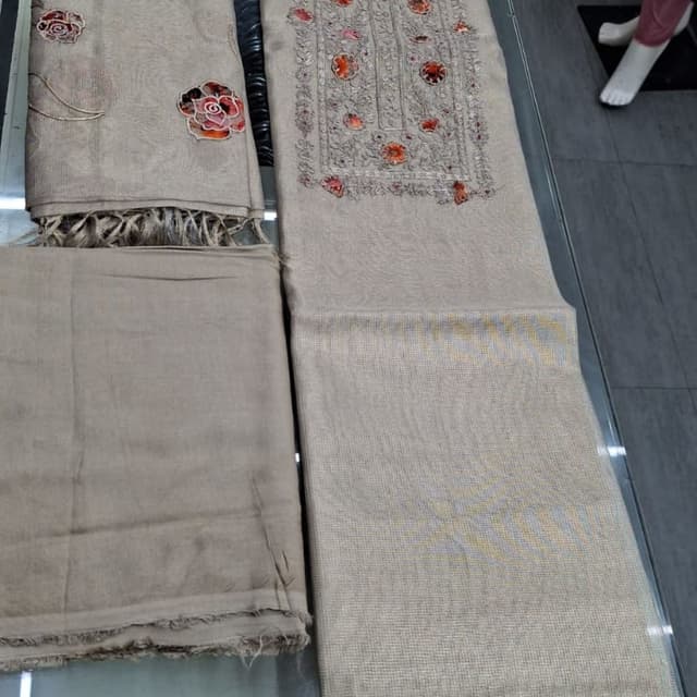Beige, with orange and muted green accents Unstitched Suit Set