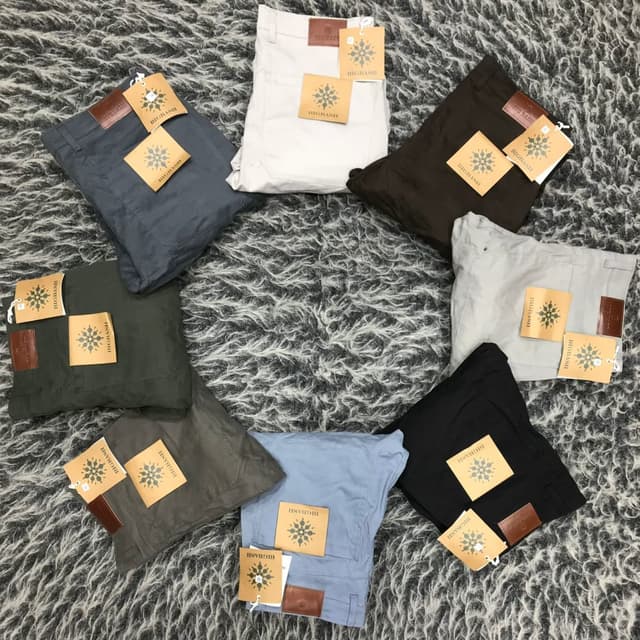Variety of colors including white, gray, dark gray, olive green, brown, light blue, and black Pants