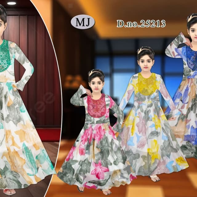 White base with floral prints in various colors, including pink, yellow, blue, and green. Accents of the bodice are in contrasting colors like green, red, and yellow. Dress