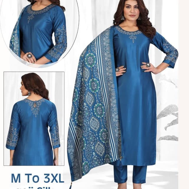 Blue, with accents of white, green, and silver Kurta Suit Set
