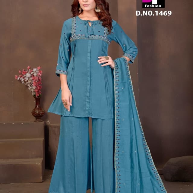 Teal blue with hints of gold and dark blue embroidery Salwar Suit Set