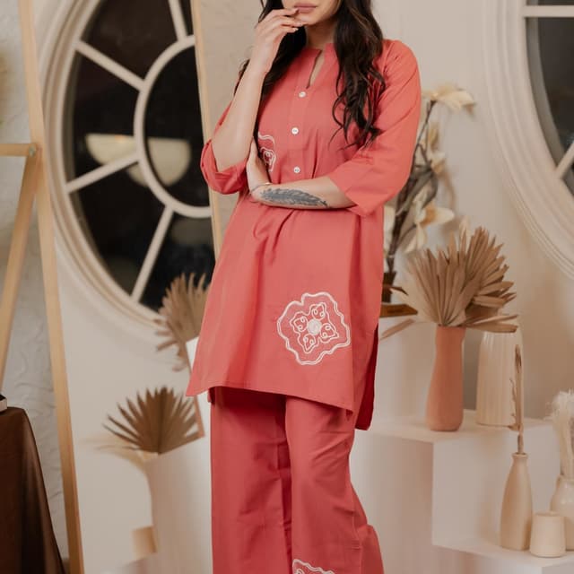 Coral and White Kurta and Pants Set