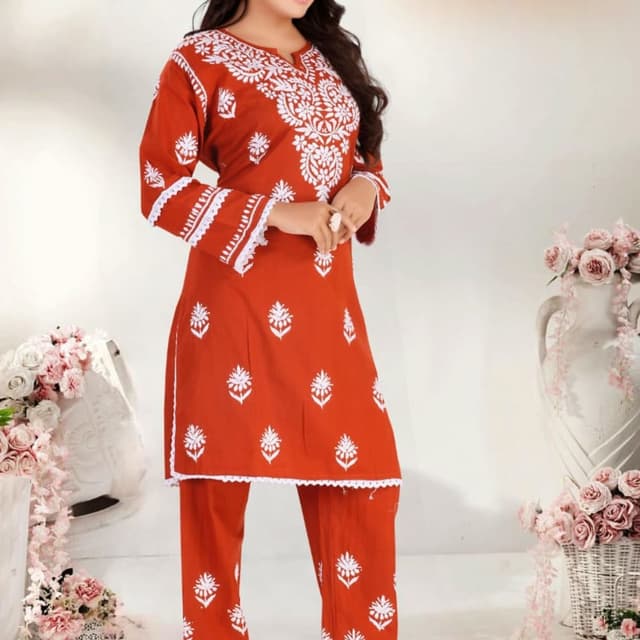 Red and White Kurta with Pants