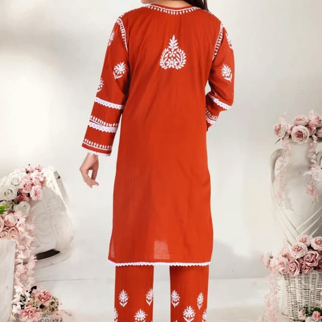 Terracotta and White Kurta and Pants Set