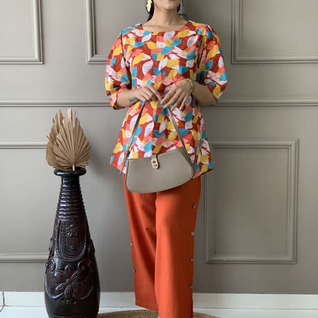 Multicolor, featuring shades of red, yellow, blue, and orange Top and Pants