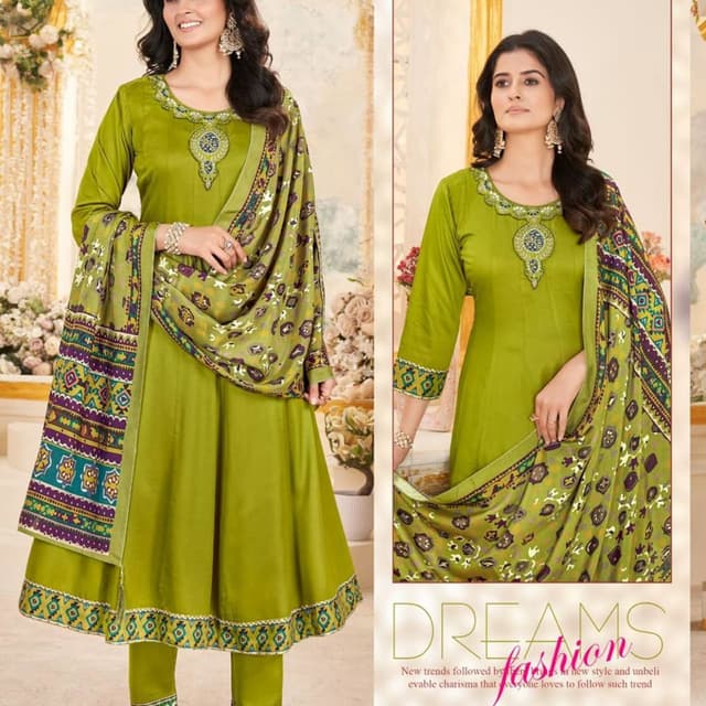 Green, with accents of Purple, Teal, and Cream Anarkali Suit Set