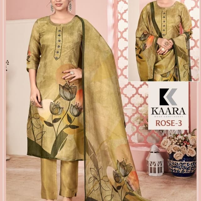 Olive green, Cream, Orange, Dark Green Salwar Kameez Suit Set