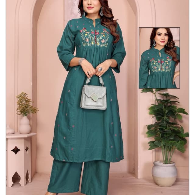 Teal green with multi-colored embroidery Kurta Set