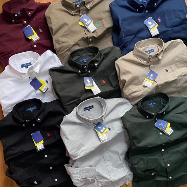 Various solid colors including white, black, burgundy, navy, olive, beige, grey, and brown. Shirts
