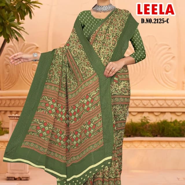 Green, Red, Beige Saree