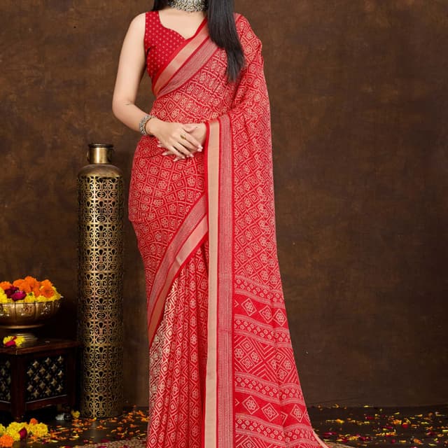 Red, Beige Saree