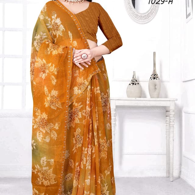 Mustard yellow with white and light green undertones Saree