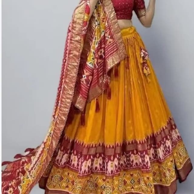 Mustard yellow, Maroon, Red, Gold Lehenga Choli