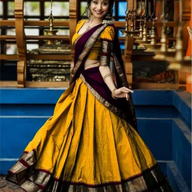 Mustard Yellow, Burgundy, and Black Lehenga Choli