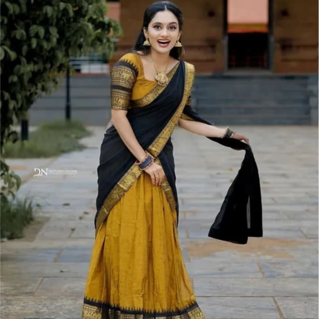 Mustard Yellow, Black, Gold Saree
