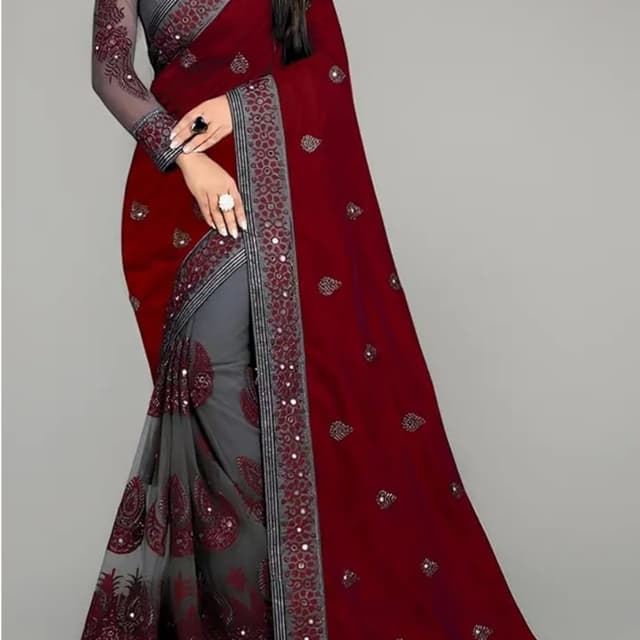 Maroon, Grey Saree