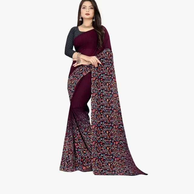 Burgundy, Black, Multi-colored Saree