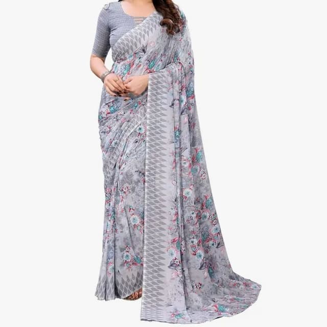 Light grey, floral print with hints of pink, blue, and green Saree