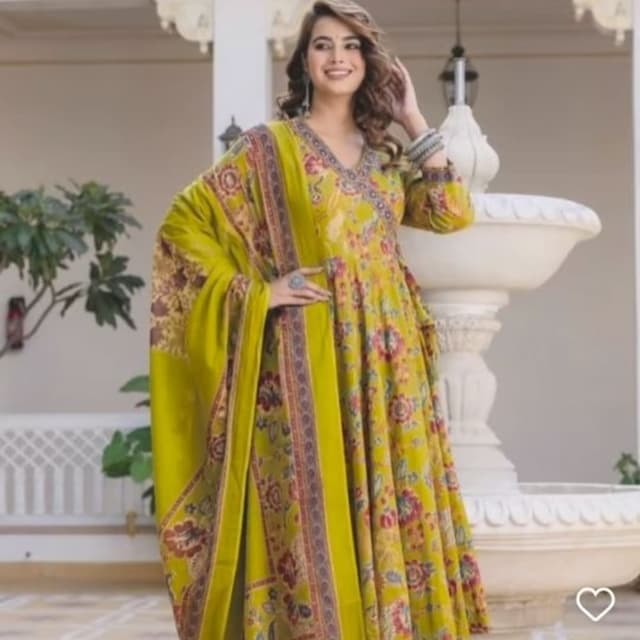 Lime green, red, brown, and off-white Anarkali Suit with Dupatta