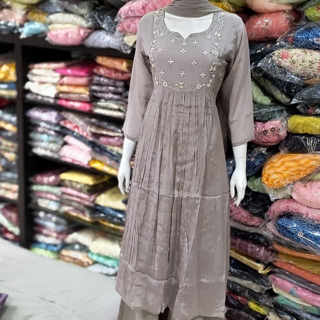 Taupe with white and silver accents Anarkali Suit