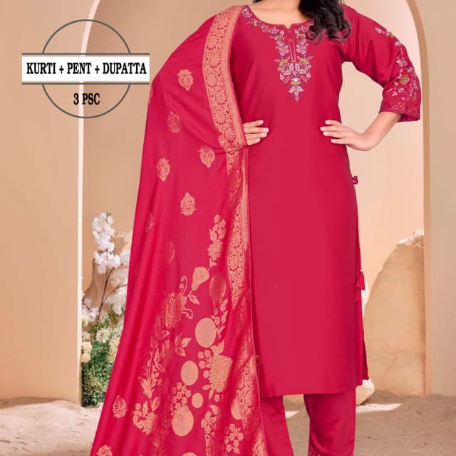 Red and Gold Kurti, Pent, Dupatta Set