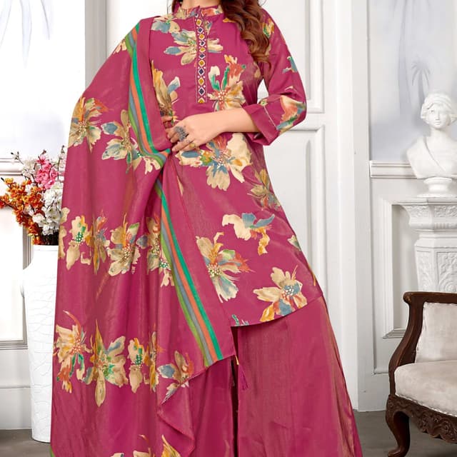 Magenta, with accents of yellow, green, and blue Palazzo Suit Set