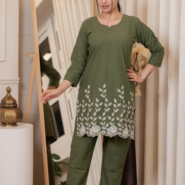 Olive Green and White Kurta and Pants Set