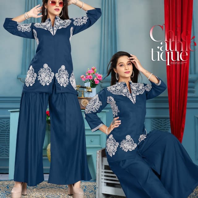 Navy Blue and White Palazzo Suit