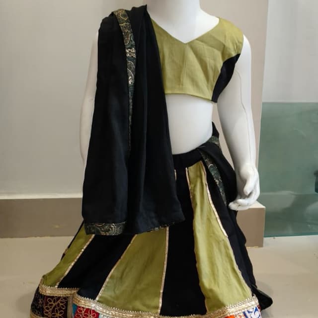 Black, Olive Green, Gold, and Multi-colored border Lehenga Choli