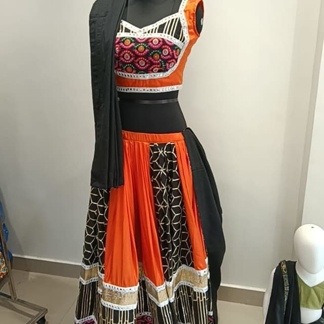 Orange, Black, White, Gold, and multi-colored embroidery Lehenga Choli