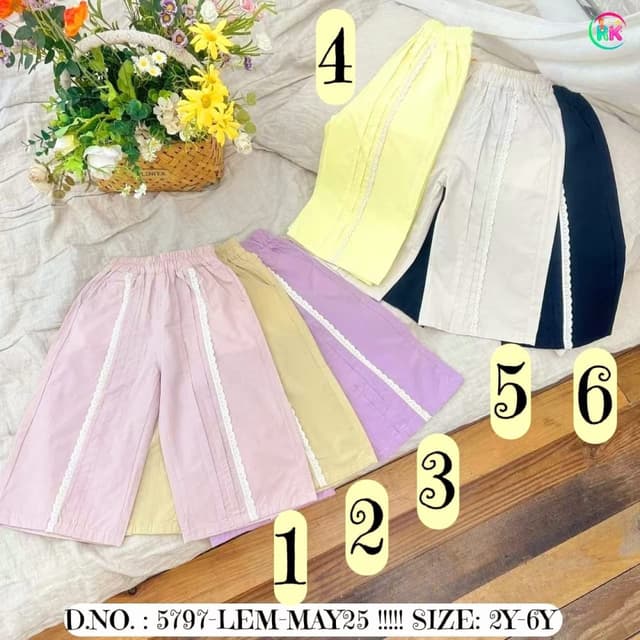 Various pastel colors including pink, yellow, and lavender, with white accents and a navy blue option. Pants
