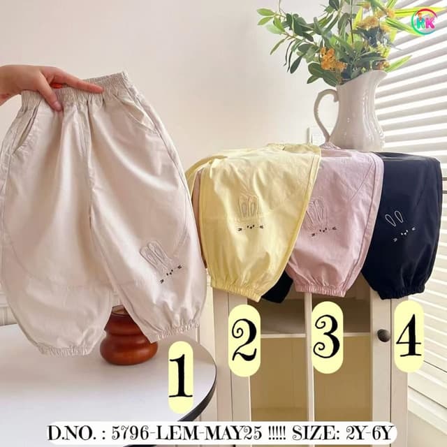 Various pastel colors: beige, yellow, pink, and black Pants