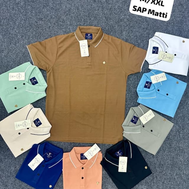 Various solid colors including brown, white, blue, light blue, beige, navy, peach, and gray. Polo Shirt