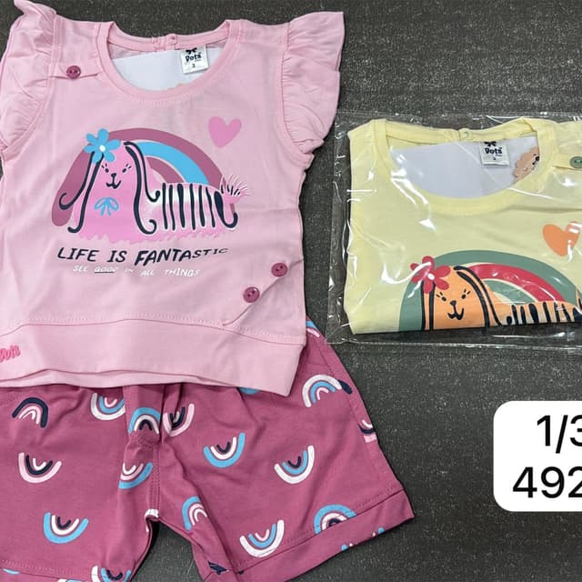 Pink, Purple, Yellow, Blue, White, and Green Top and Shorts Set