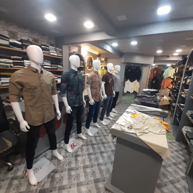 Various shades of brown, green, and blue with black and white accents. Shirts and Jeans