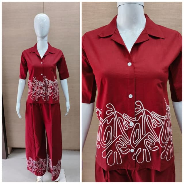 Burgundy red with white accents Co-ord Set (Shirt and Trousers)