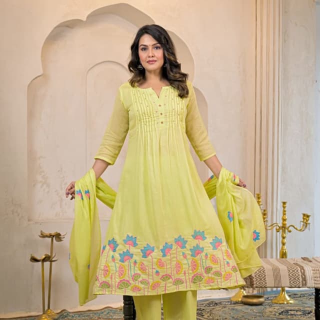Light Yellow, with Multi-colored embroidery (Blue, Pink, Yellow, Green) Anarkali Suit
