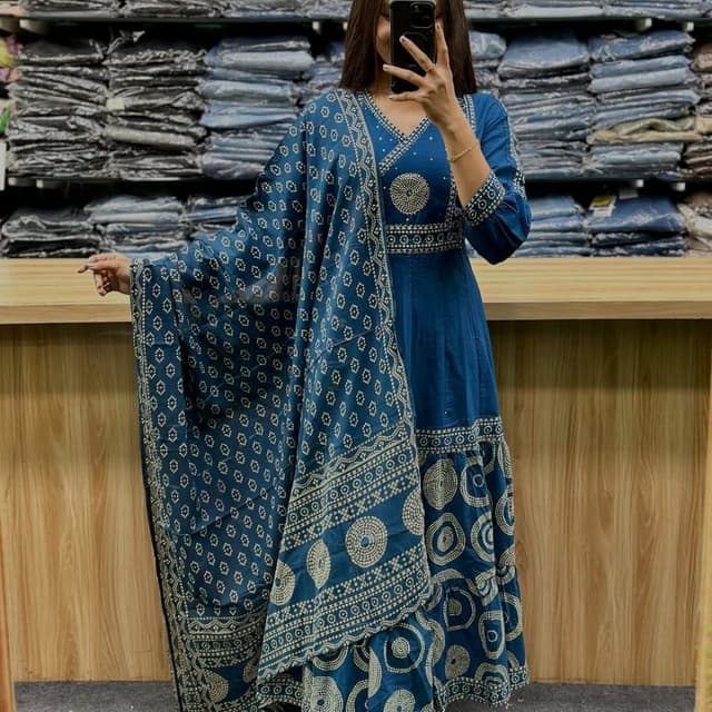 Blue and Beige Dress with Dupatta