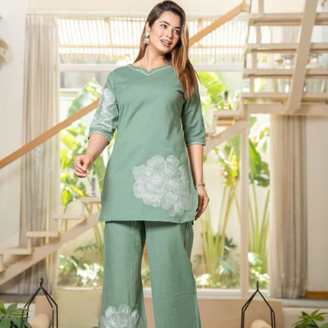Sage Green and White Kurta and Palazzo Set