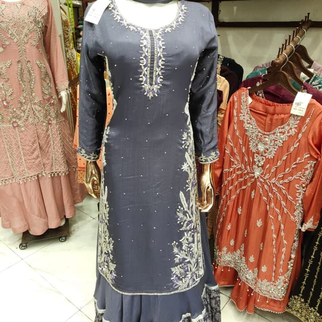 Navy blue with silver and purple accents Anarkali Suit