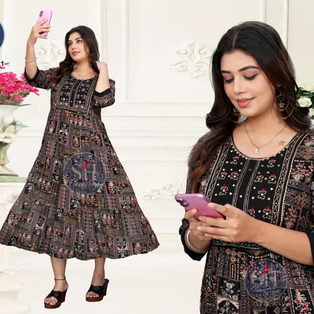 Black, with accents of gold, pink, and brown Dress